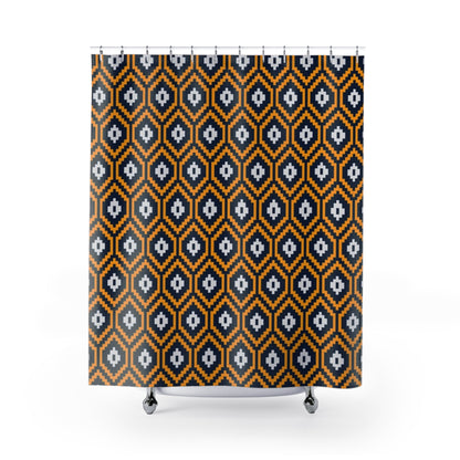 Orange Geometric Pixel Art Shower Curtain - Bold Retro Bathroom Decor, Pixelated Pattern