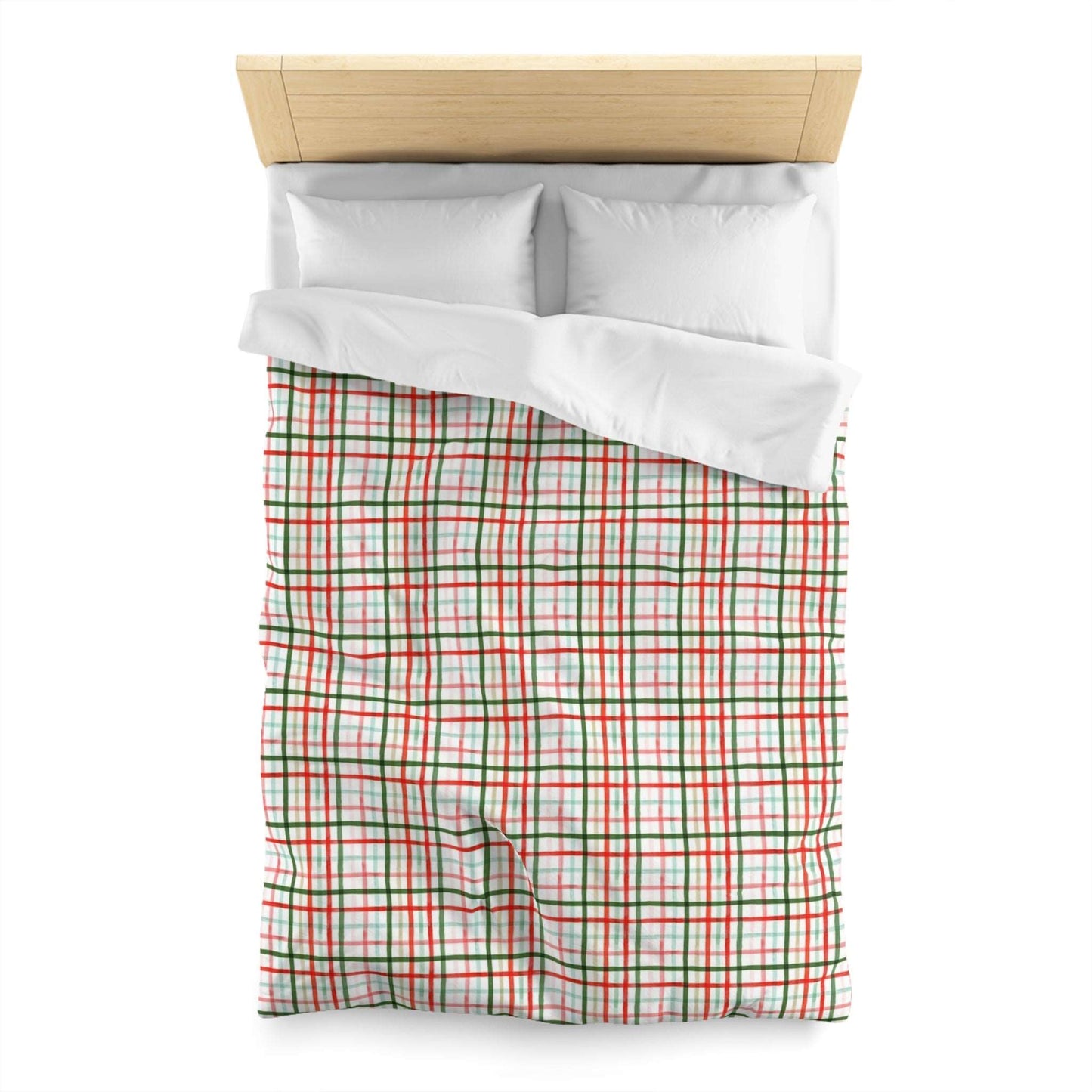 Christmas Watercolor Plaid Duvet Cover - Rustic Holiday Bedroom Decor, Red and Green Buffalo Plaid