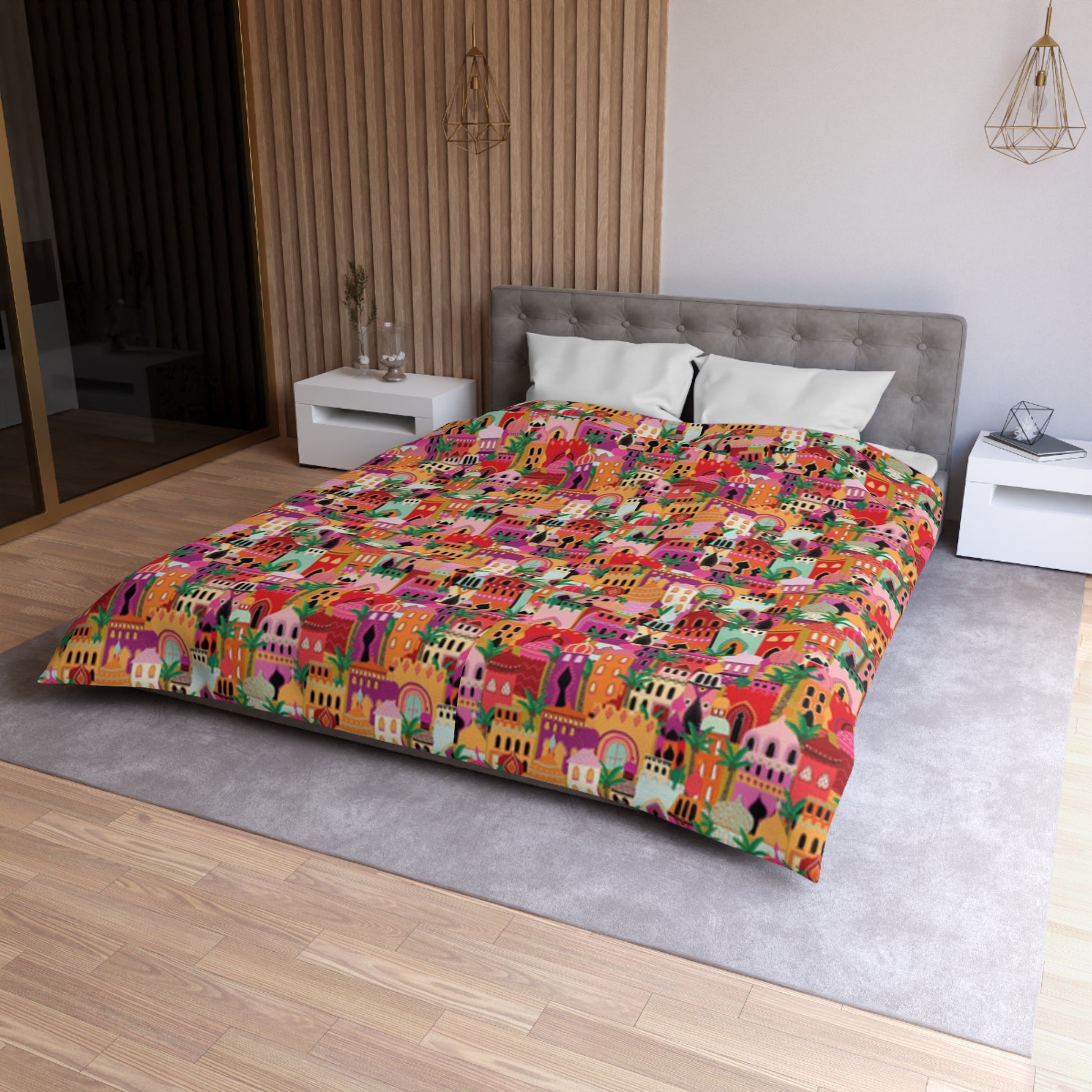 Marrakech-Style Moroccan Village Sunrise Duvet Cover Set - Colorful Boho Chic Bedroom