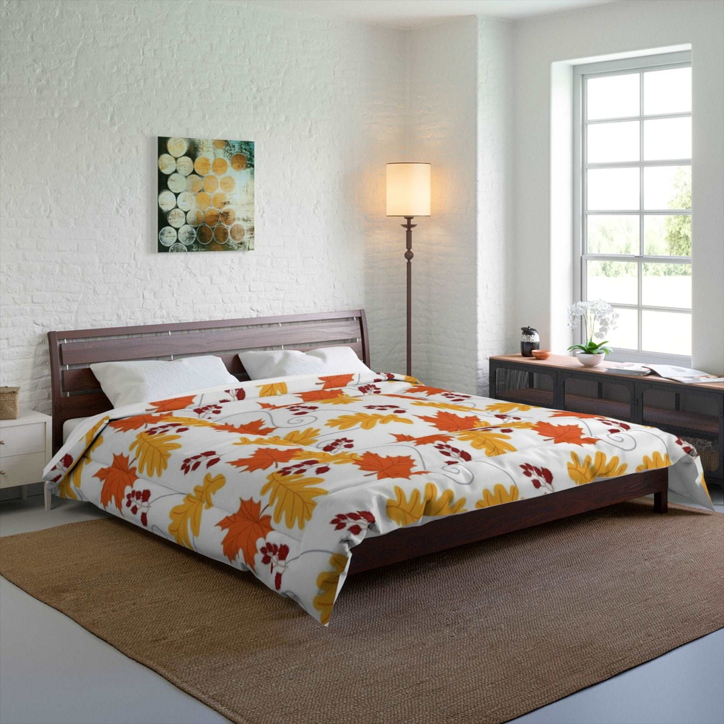 Autumn Leaves in the Wind White Accents Pattern Comforter - Seasonal Fall Decor Bedding