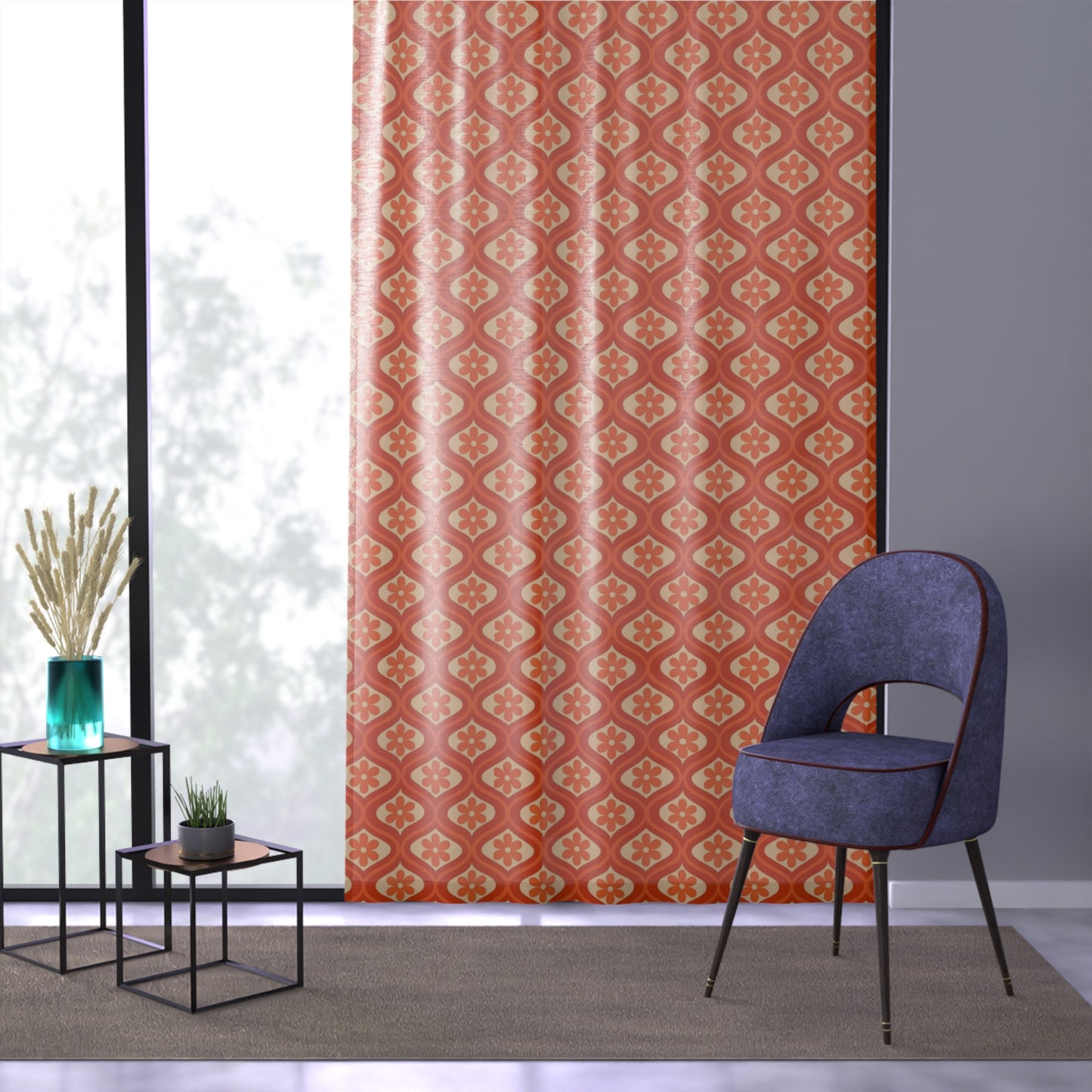 Retro Orange 70's Design Curtain Panel - Boho Chic Bedroom Window Treatment