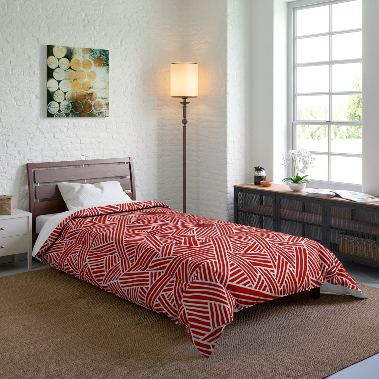 Modern Abstract Navy Red and White Line Pattern Microfiber Polyester Comforter - Geometric Pattern Bedding for Adults