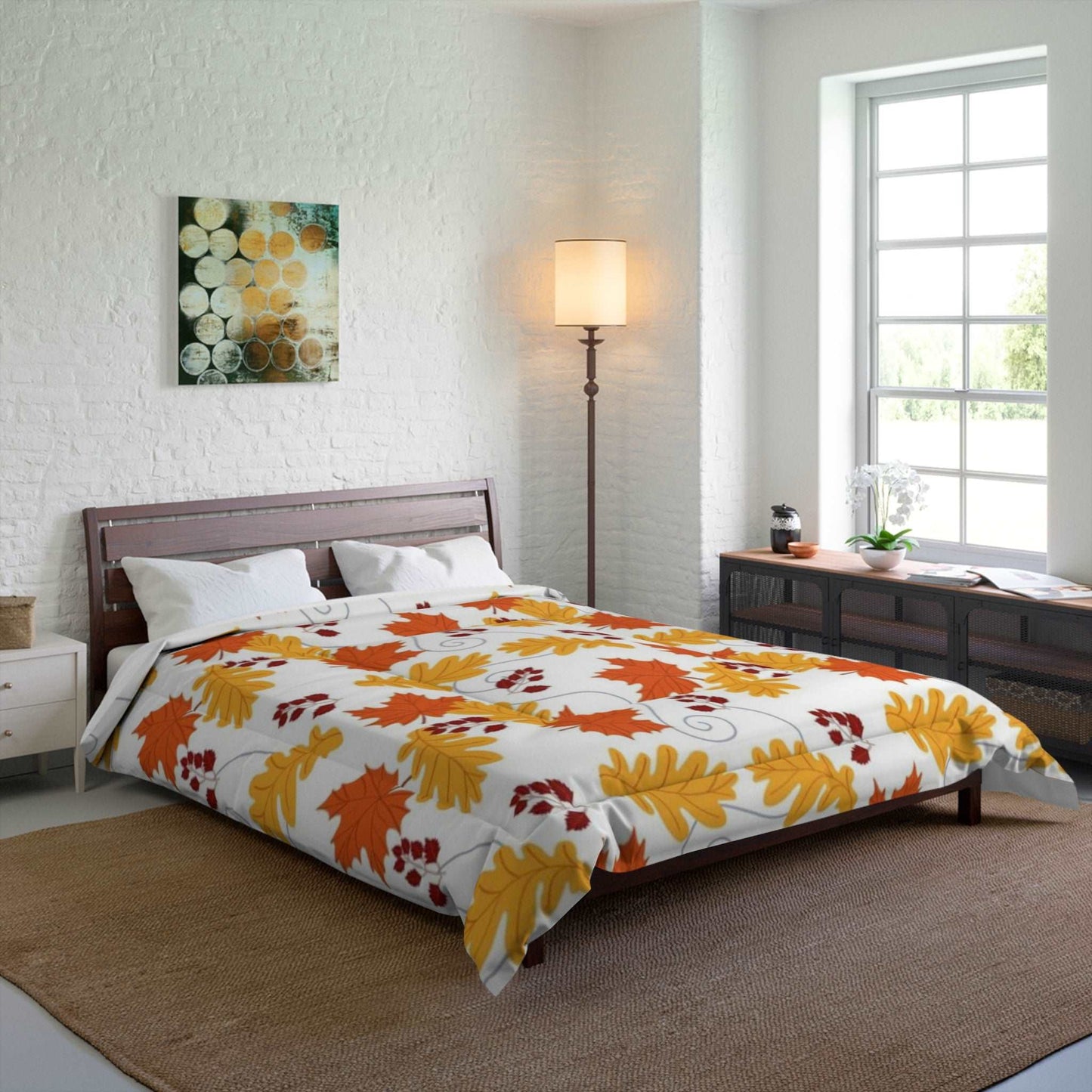 Autumn Leaves in the Wind White Accents Pattern Comforter - Seasonal Fall Decor Bedding