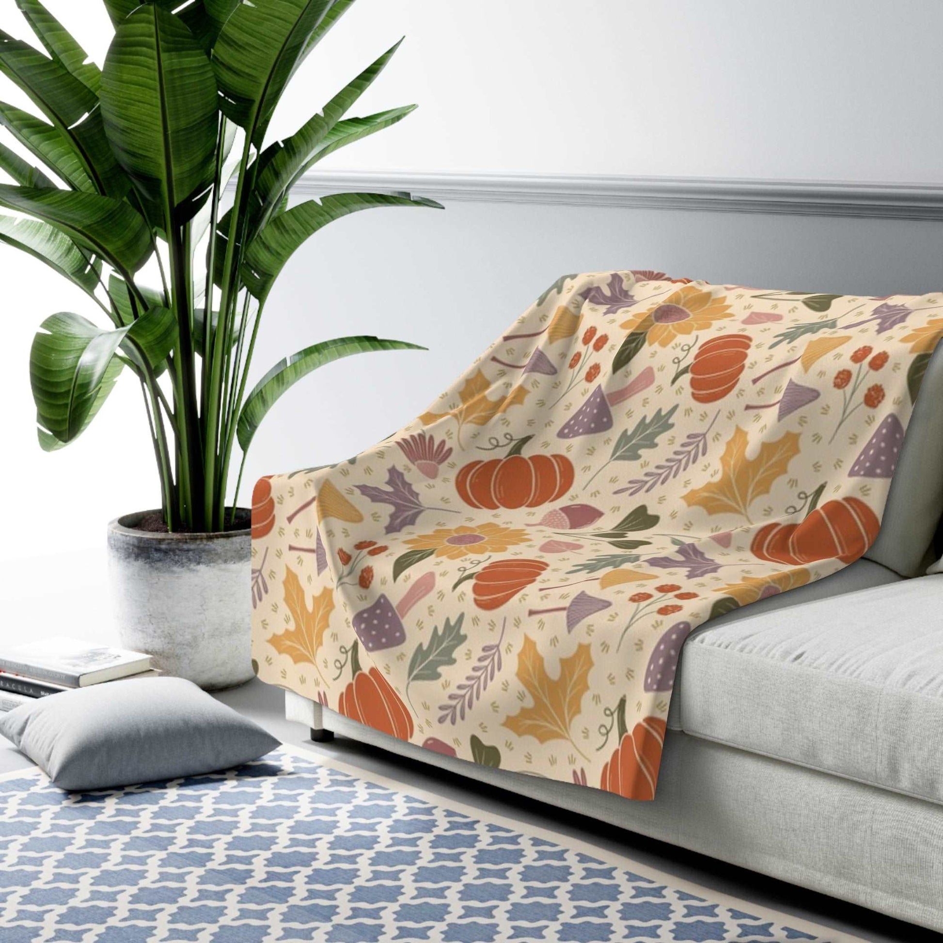 Autumn Harvest Fall in Bloom Sherpa Fleece Blanket - Warm Pumpkins Mushrooms Design