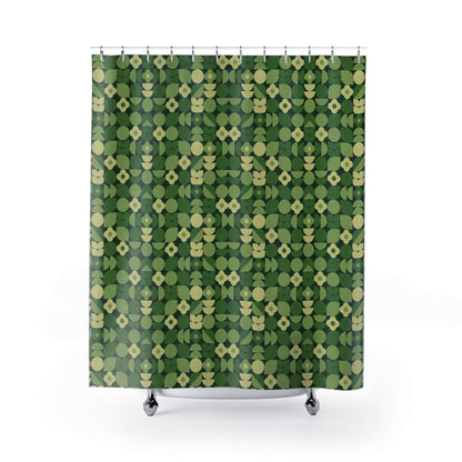 Bauhaus Mossy Green Geometric Midcentury Shower Curtain - Artistic Retro Green Texture Bathroom