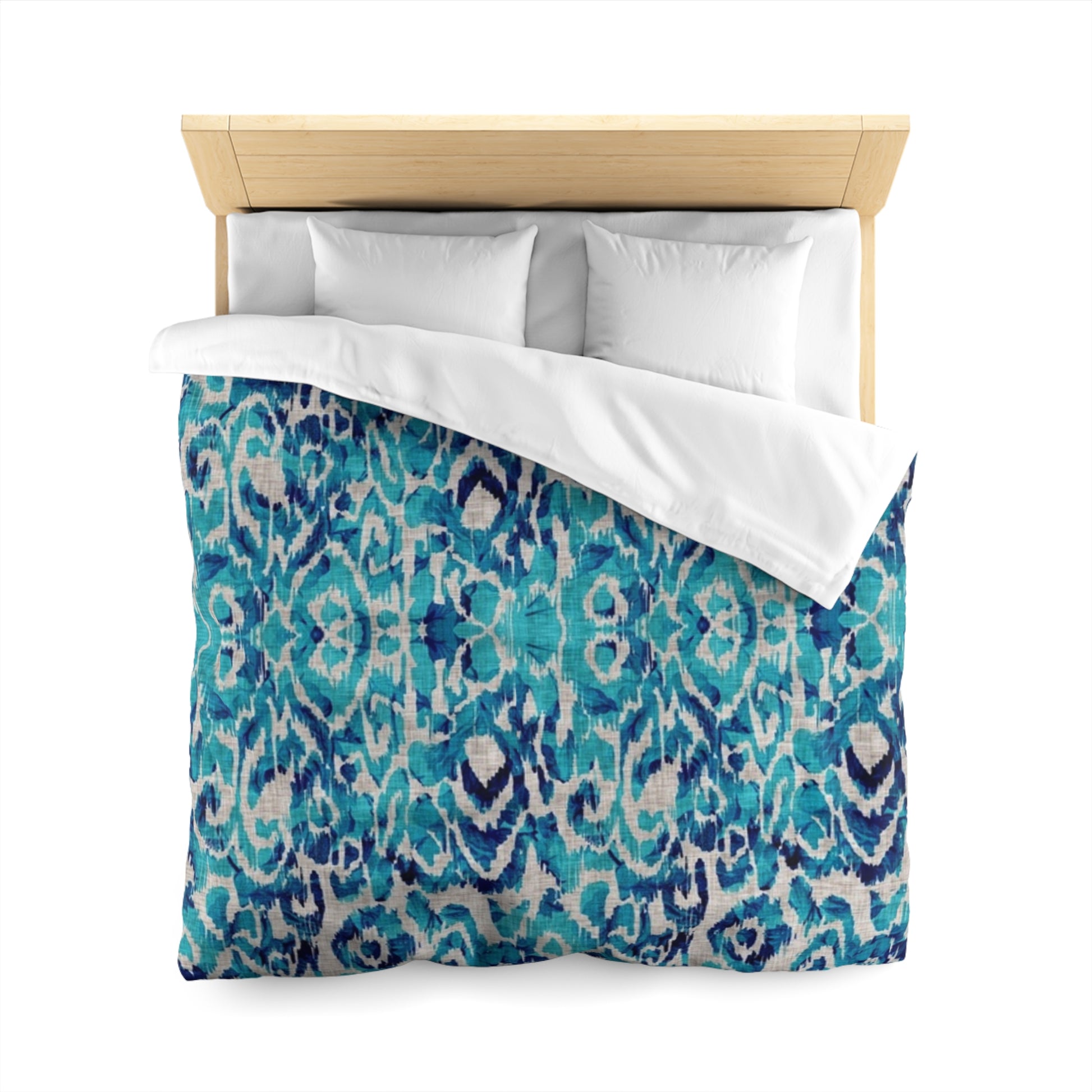 Peacock Blue Ikat Motif Duvet Cover - Exotic Bohemian Home Decor