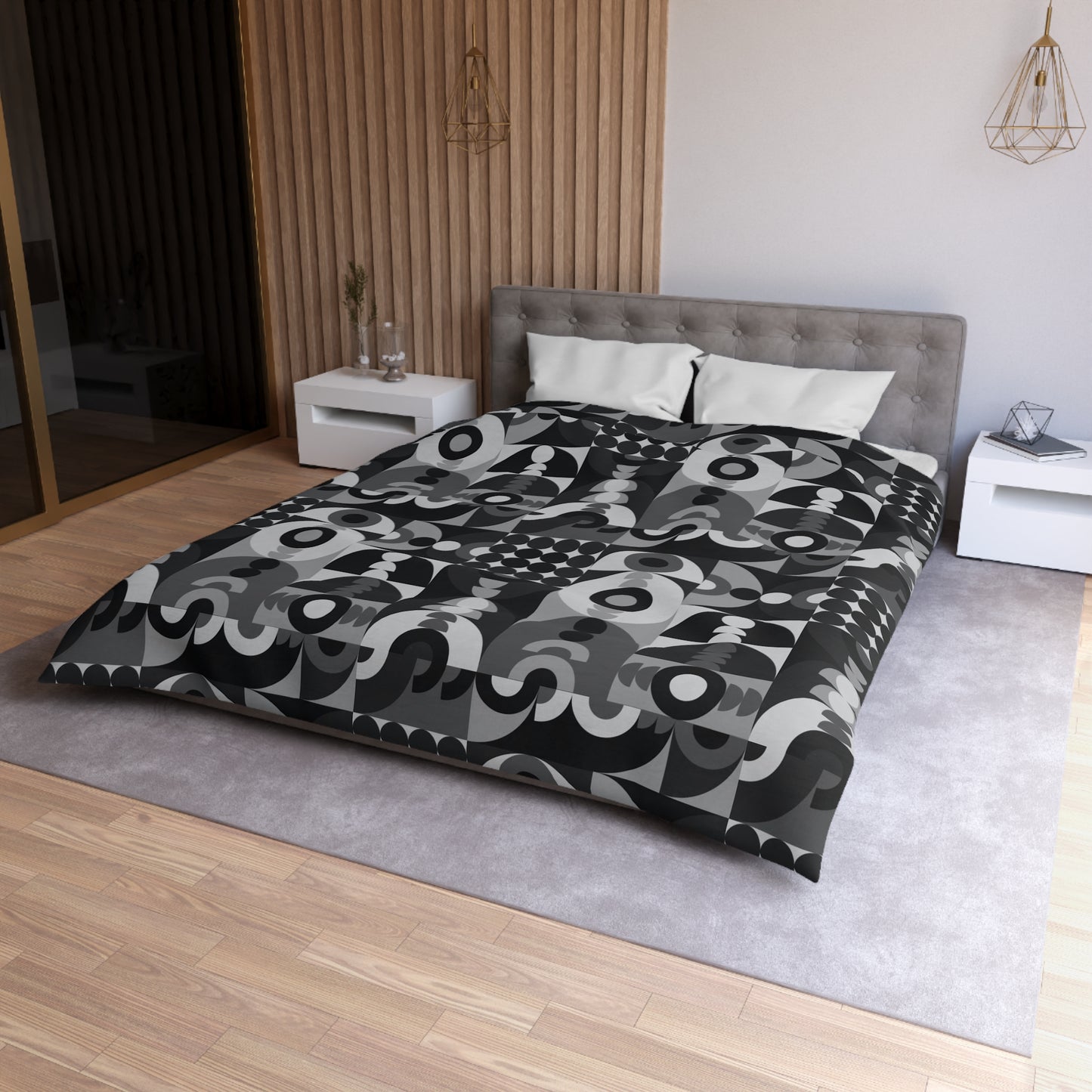 Modern Black Palette Shapes Microfiber Duvet Cover - Unique Geometric Pattern Bedding