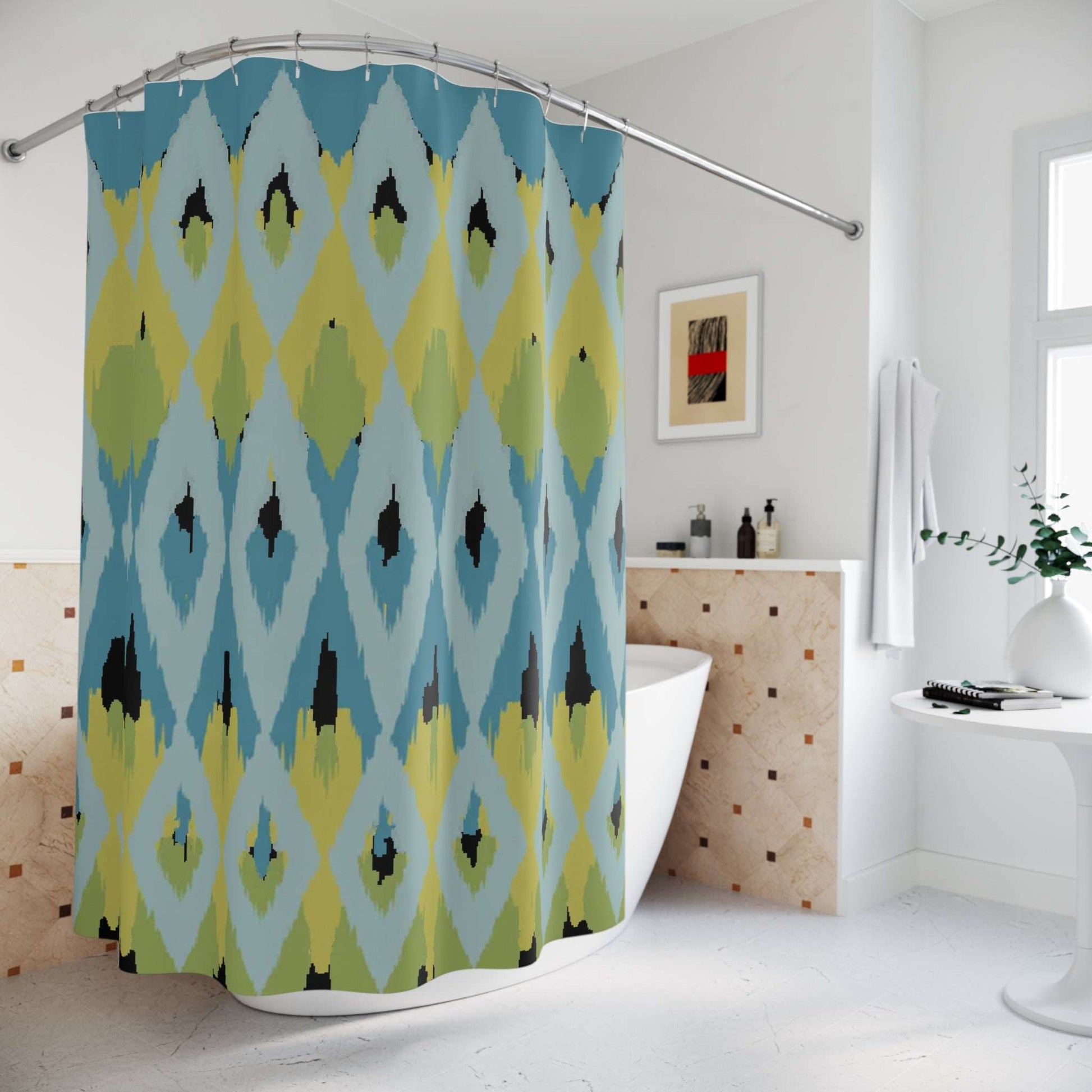 Boho Ikat Shower Curtain - Teal and Green Festive Design