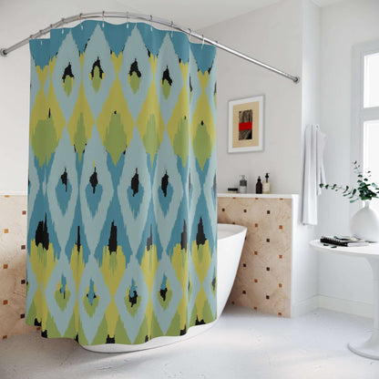 Boho Ikat Shower Curtain - Teal and Green Festive Design