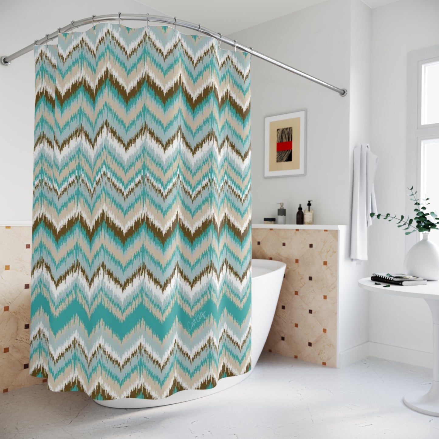 Shower Curtain - Ikat Chevron Pattern in Tortoise and Tan