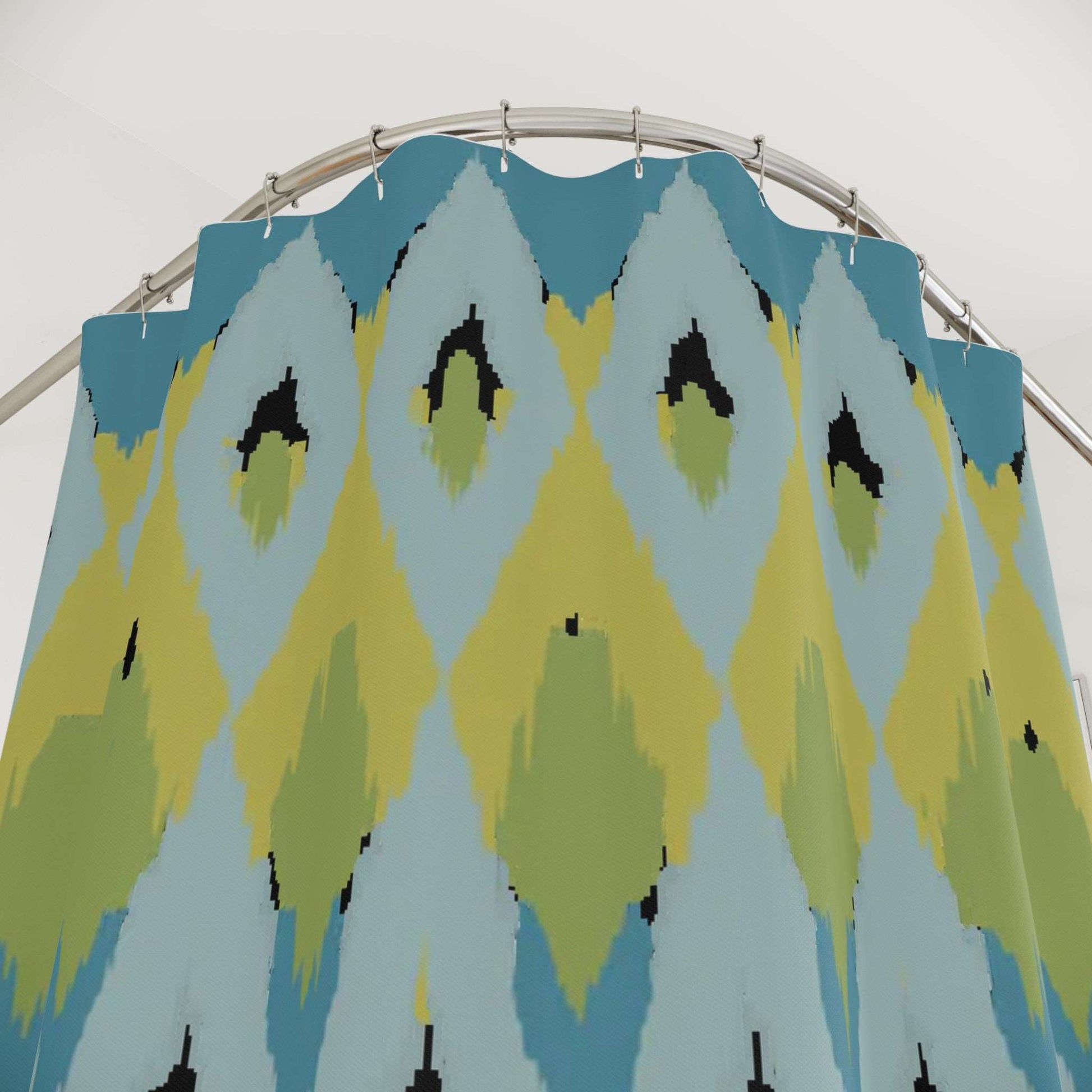 Boho Ikat Shower Curtain - Teal and Green Festive Design