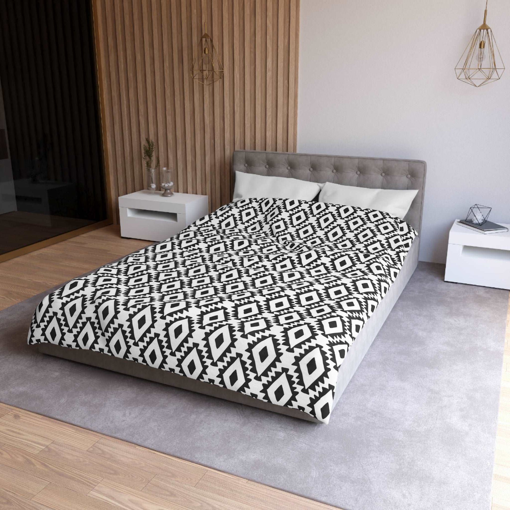 Aztec Inspired Geometric Duvet Cover - B&W Ethnic Tribal Bedding