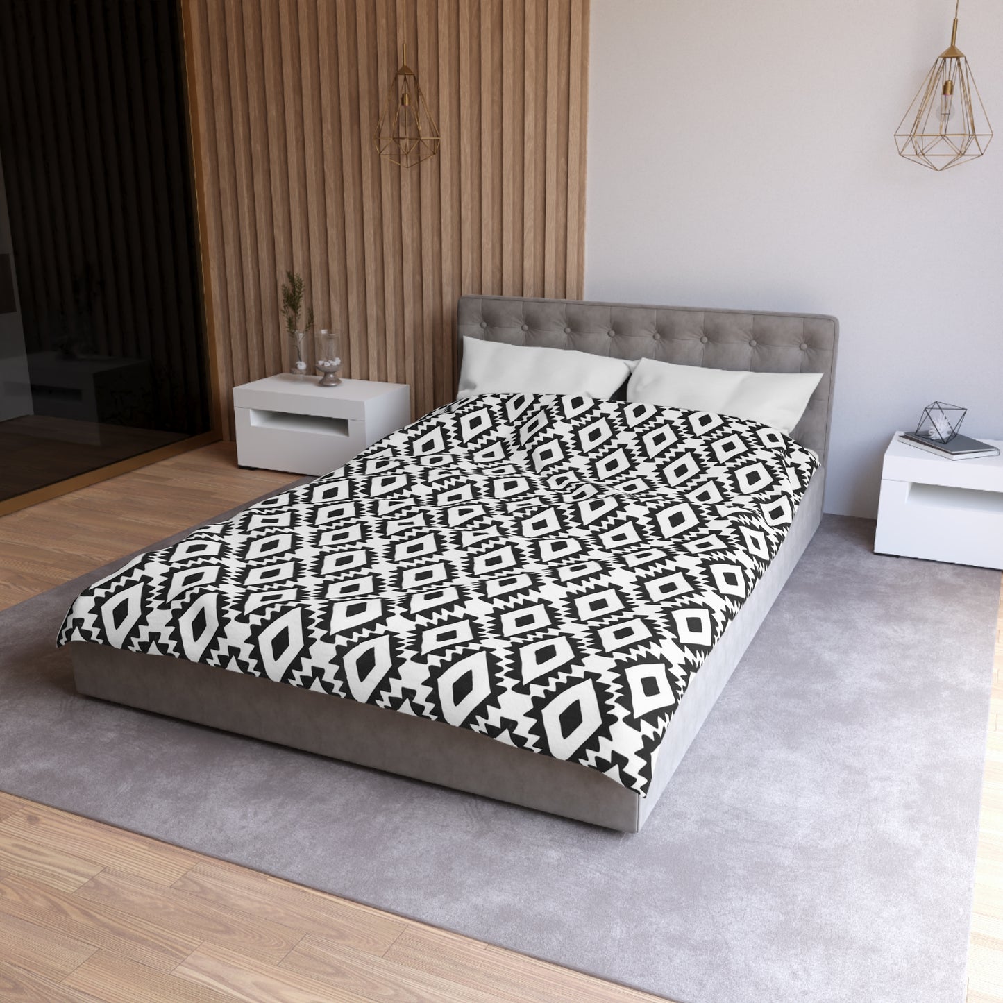 Modern Aztec Geometrics Black and White Microfiber Duvet Cover - Unique Geometric Pattern Bedding