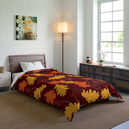 Dark Red Autumn Leaves Comforter - Cozy Fall Bedroom Decor, Windy Leaf Pattern