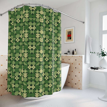 Bauhaus Mossy Green Geometric Midcentury Shower Curtain - Artistic Retro Green Texture Bathroom