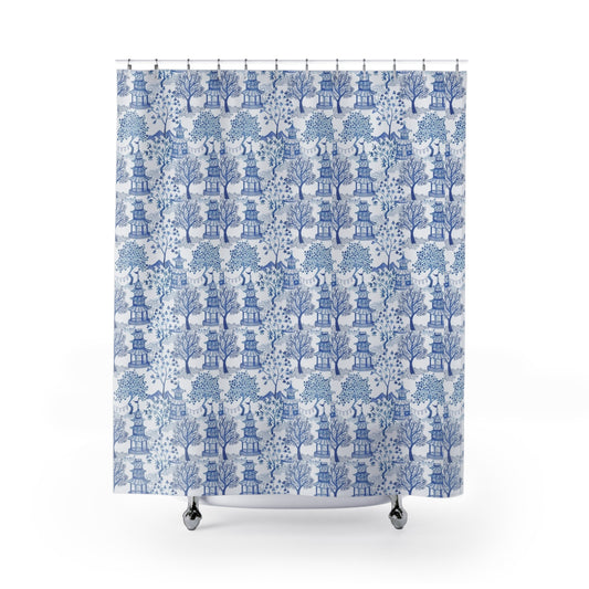 Forest Blues Pagoda Oriental Shower Curtain - Stylish Nature-Inspired Bathroom