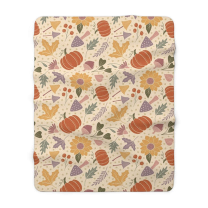 Autumn Harvest Fall in Bloom Sherpa Fleece Blanket - Warm Pumpkins Mushrooms Design