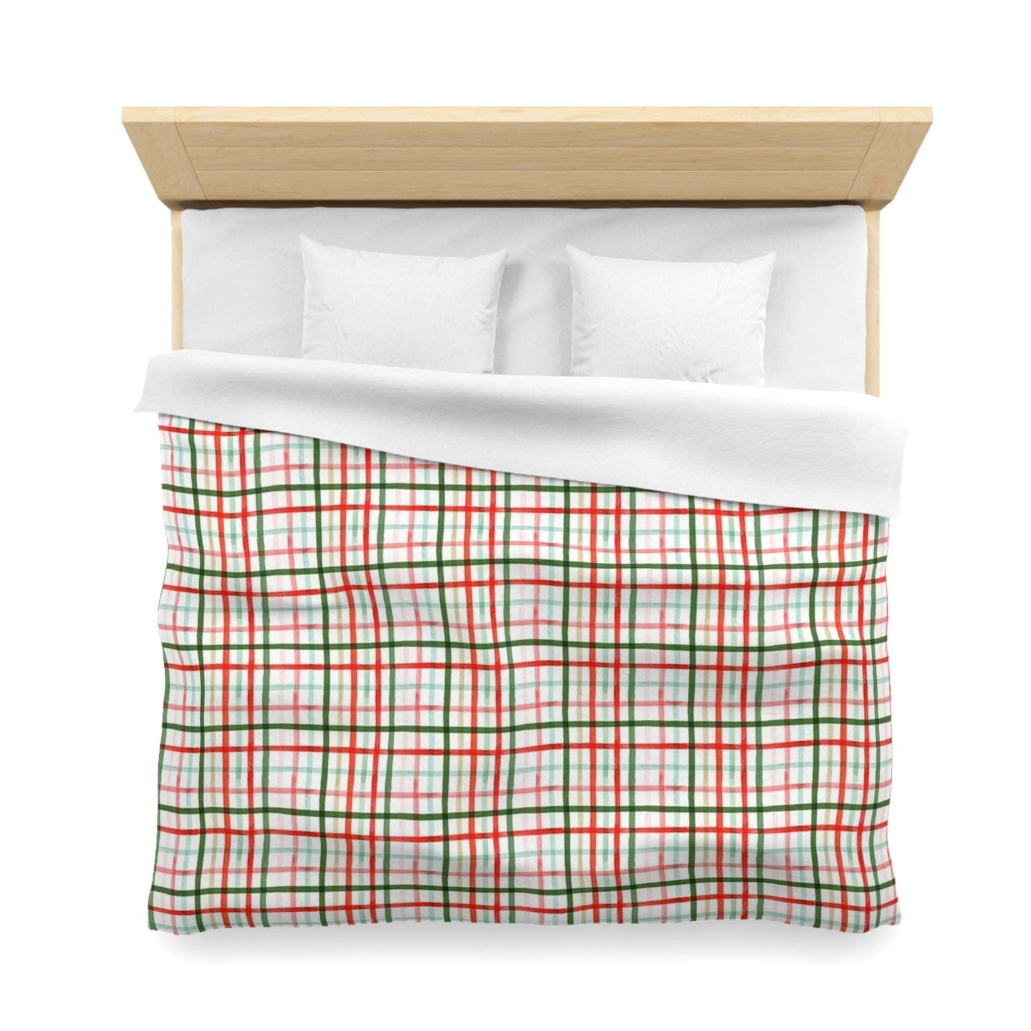 Christmas Watercolor Plaid Duvet Cover - Rustic Holiday Bedroom Decor, Red and Green Buffalo Plaid