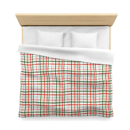 Christmas Watercolor Plaid Duvet Cover - Rustic Holiday Bedroom Decor, Red and Green Buffalo Plaid