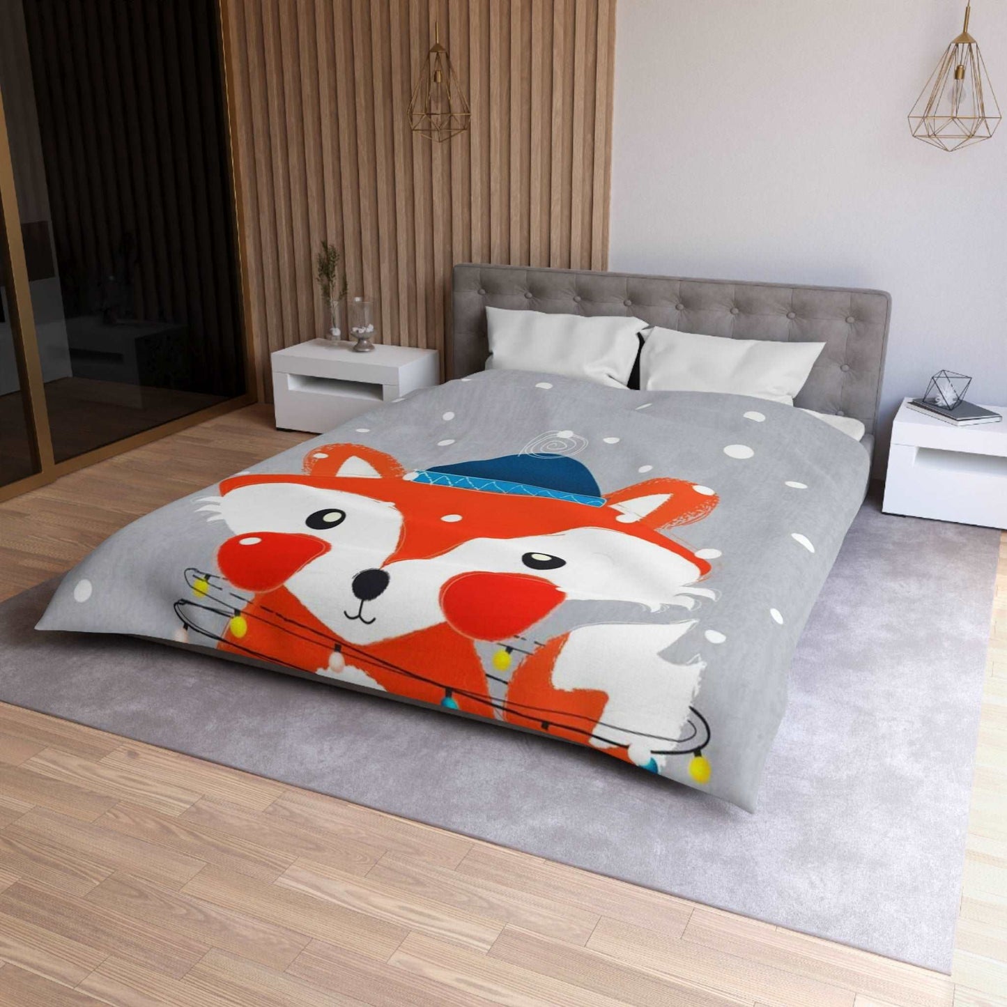 Christmas Fox with Fiery Lights Duvet Cover - Cozy Holiday Bedding for a Warm Festive Glow