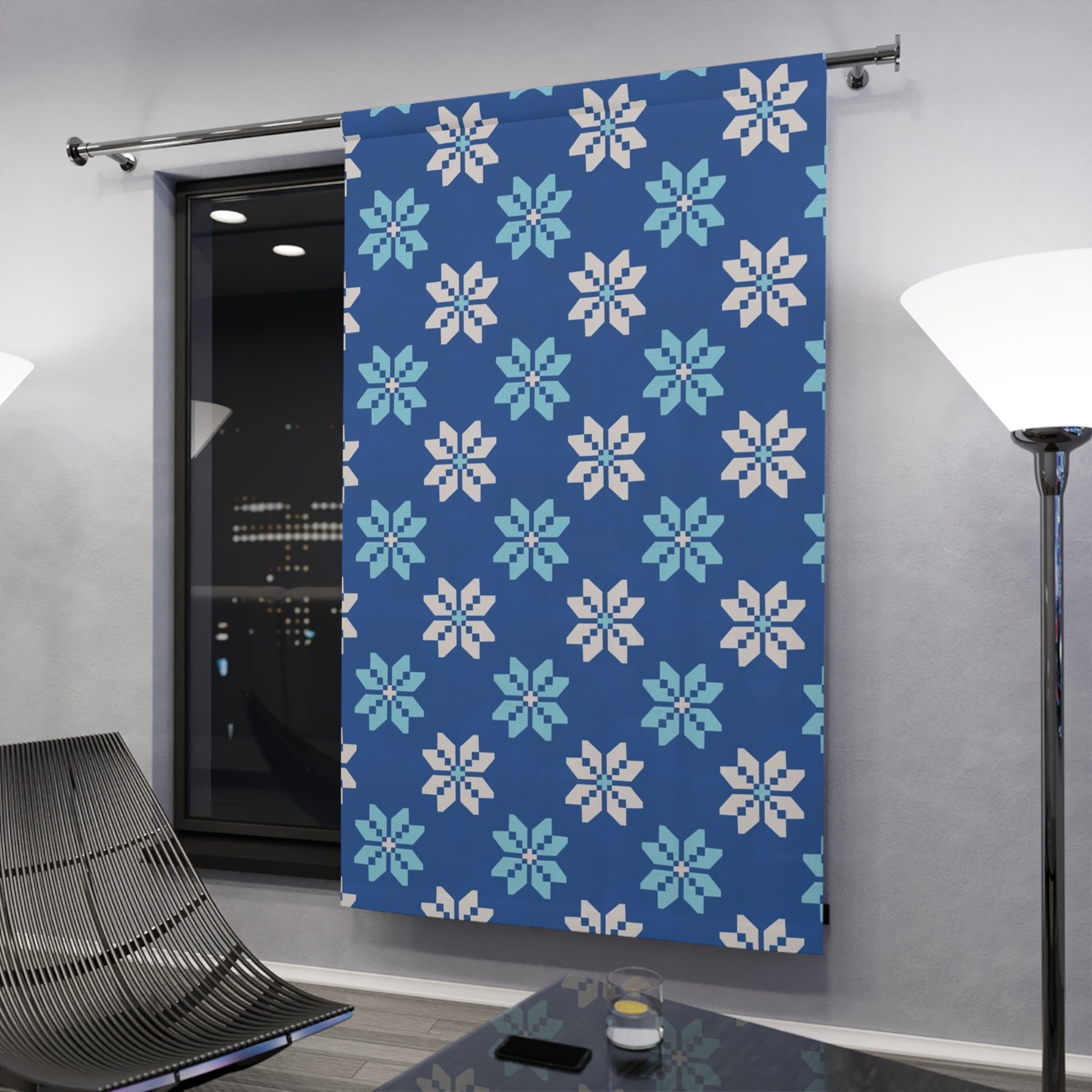 Coastal Aqua Floral Blackout Window Curtain - Sky Blue Background, 100% Blackout and Energy Efficient Polyester Curtain