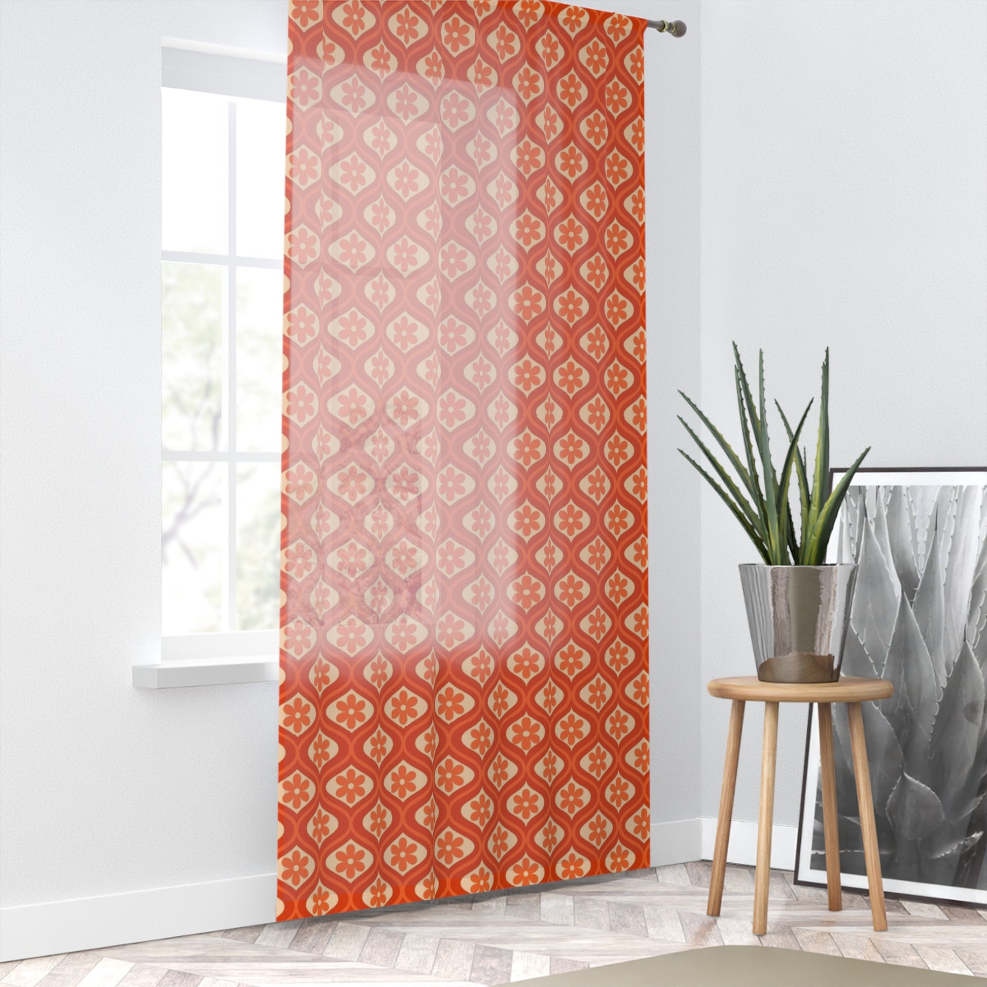 Retro Orange 70's Design Curtain Panel - Boho Chic Bedroom Window Treatment