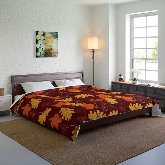 Dark Red Autumn Leaves Comforter - Cozy Fall Bedroom Decor, Windy Leaf Pattern