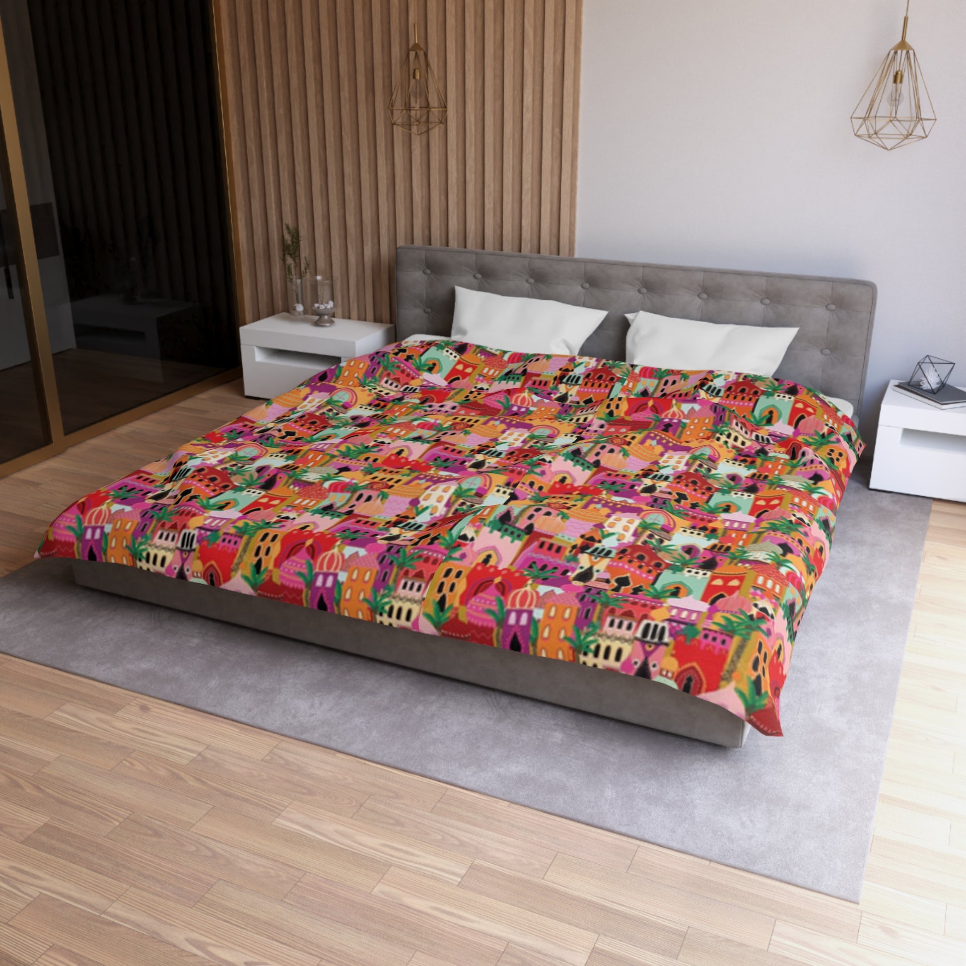 Marrakech-Style Moroccan Village Sunrise Duvet Cover Set - Colorful Boho Chic Bedroom