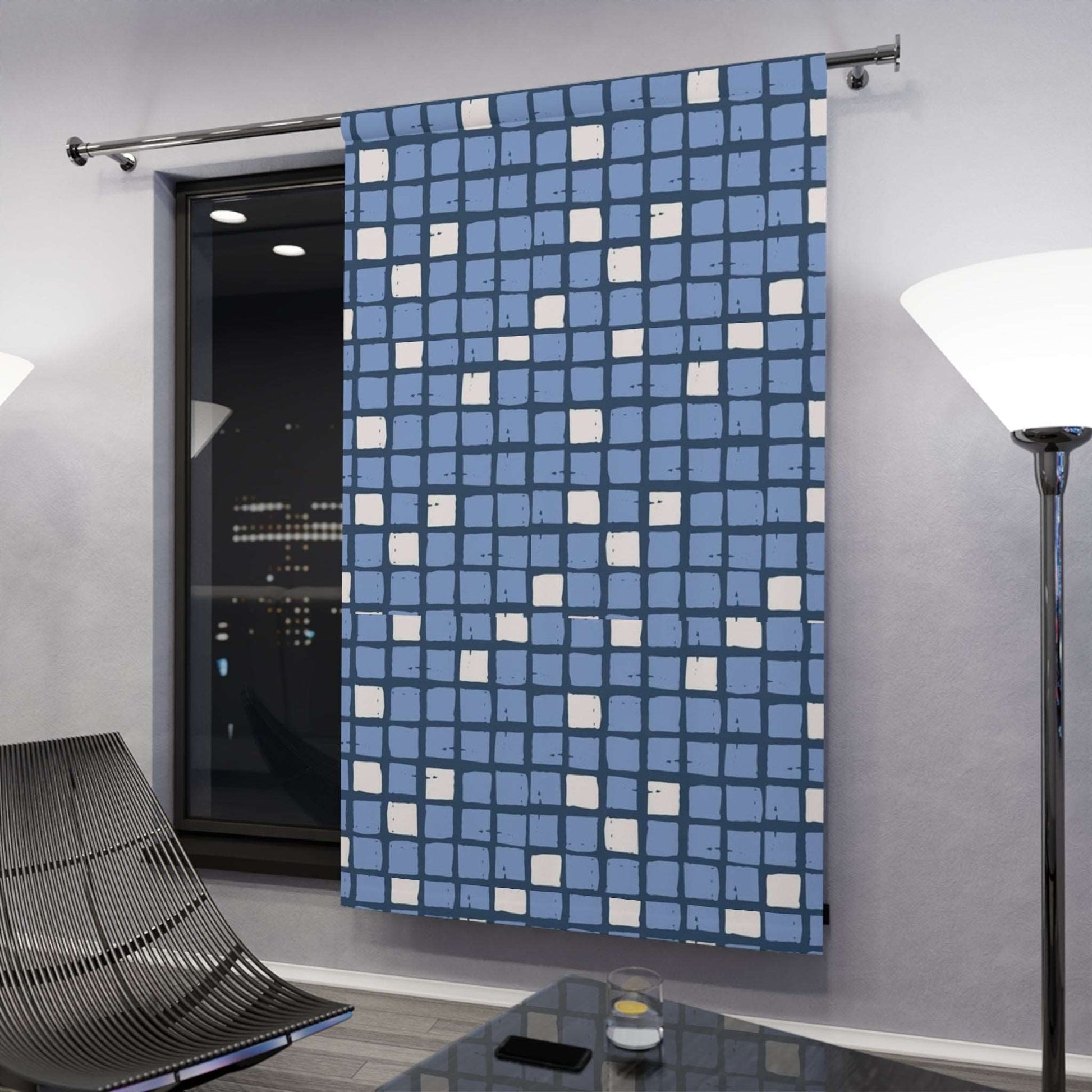 Abstract Demin Blue Twinkle Check Window Curtain - Modern Window Pane Decor for Home, Office or Apartment