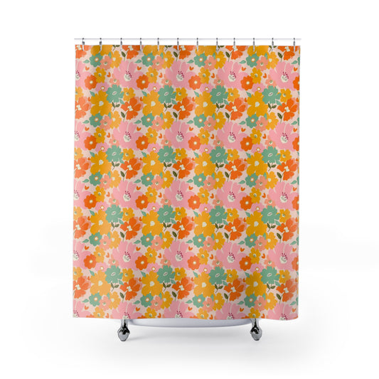 Waterproof Bright Bold Orange Yellow Floral Pattern Shower Curtain - Modern Summer Inspired Bathroom Decor with Easy Clean Design