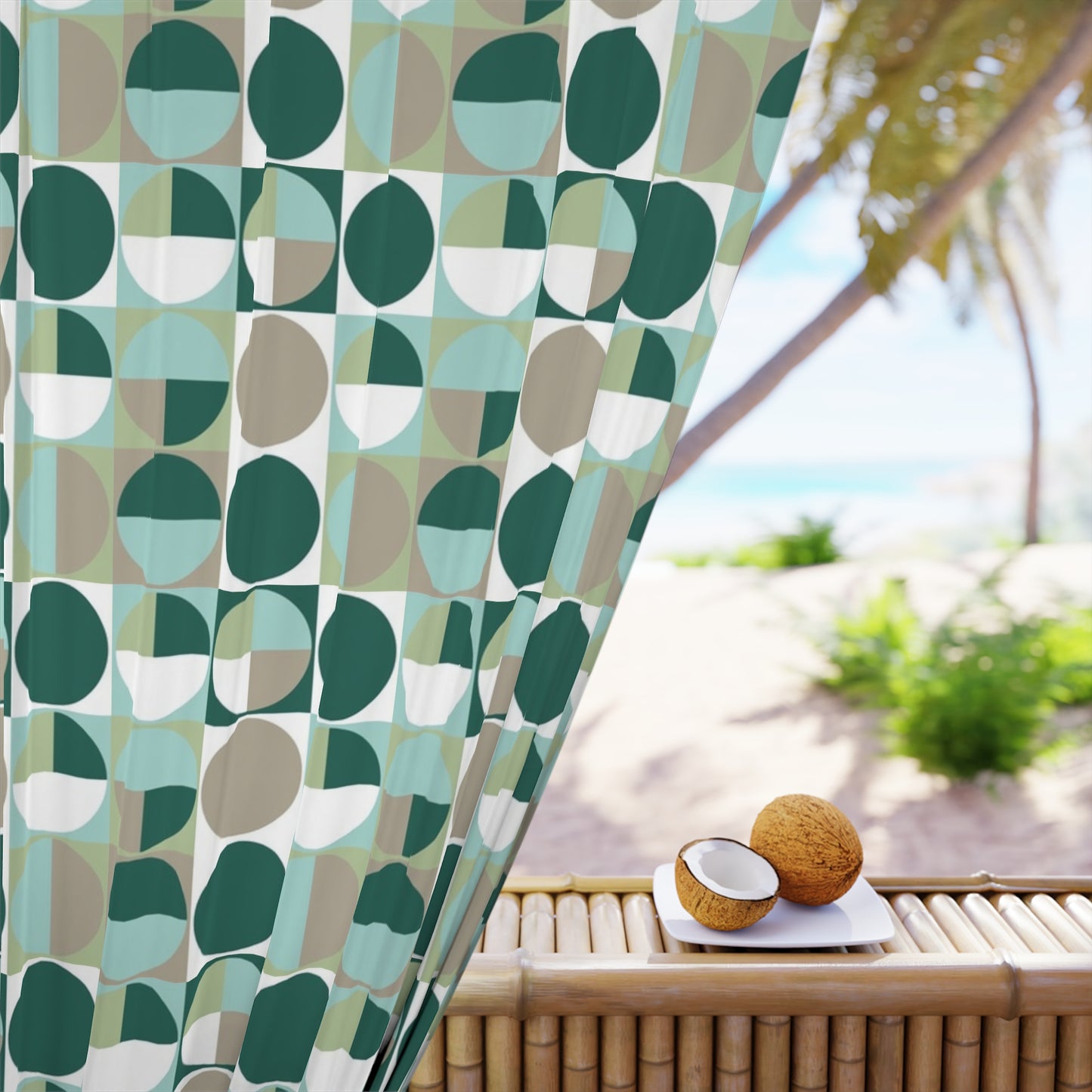 Green Geometric Window Curtains - Modern Abstract Circles in Squares Design, Contemporary Window Pane Decor