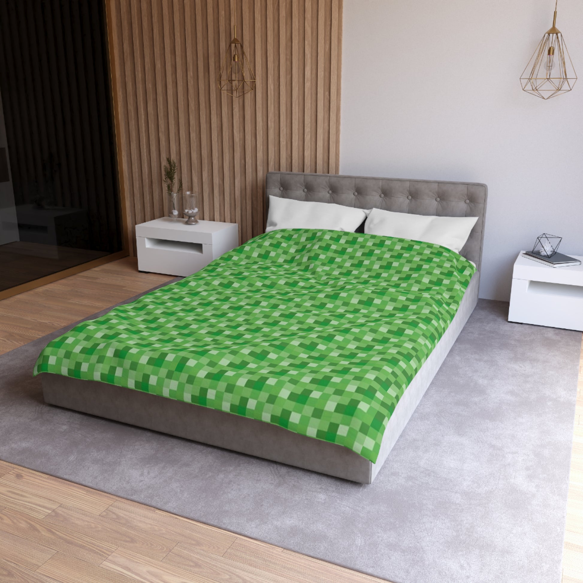 Minecraft Inspired Checkered Green Duvet Cover - Gaming Bedroom Decor, Block Pattern Bedding