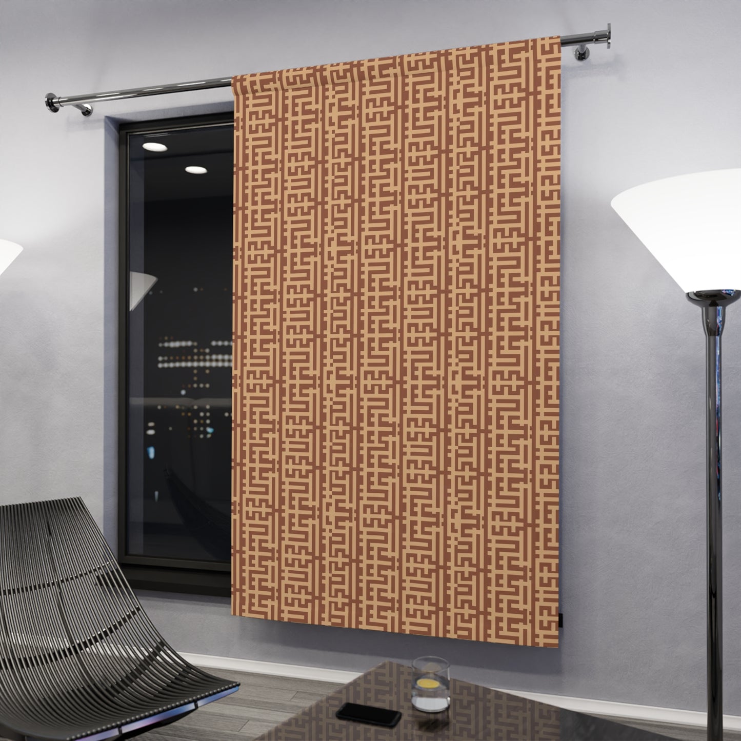 Geometric Chinoiserie Brown Window Curtain - Modern Asian-Inspired Design, Elegant Bedroom or Kitchen Window Decor