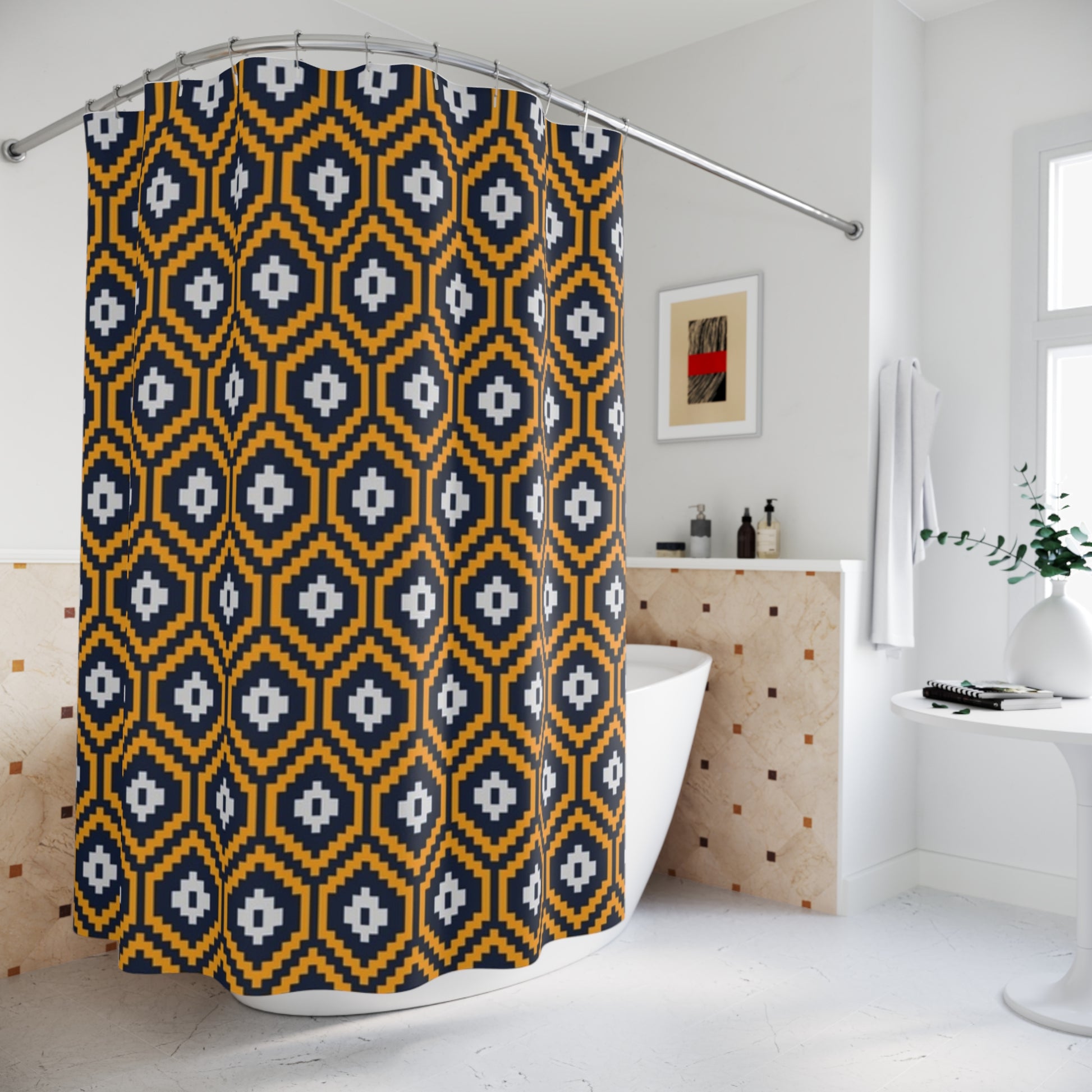 Orange Geometric Pixel Art Shower Curtain - Bold Retro Bathroom Decor, Pixelated Pattern