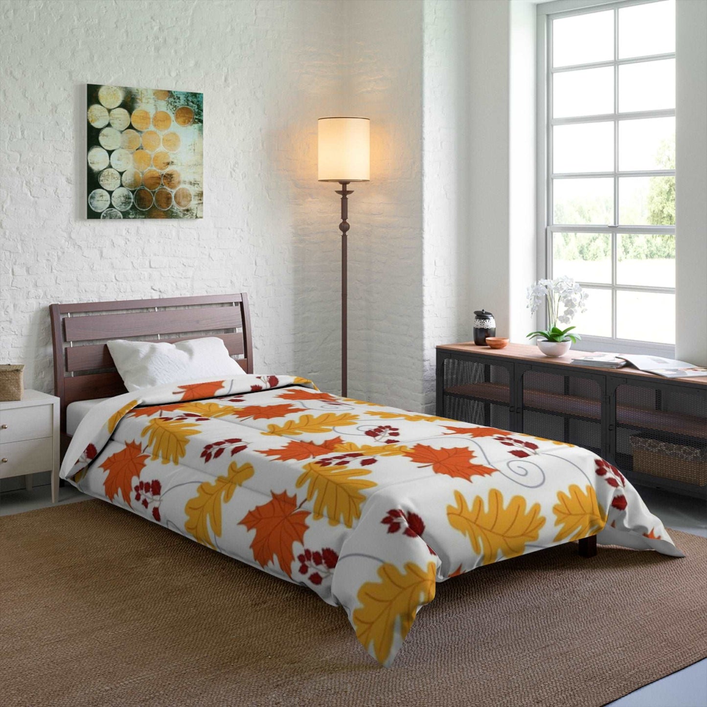 Autumn Leaves in the Wind White Accents Pattern Comforter - Seasonal Fall Decor Bedding