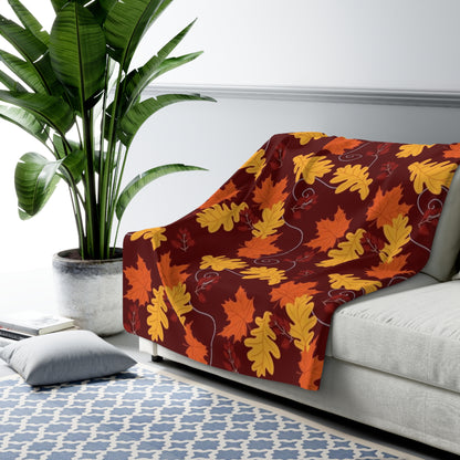 Cozy Dark Red Autumn Leaves Sherpa Fleece Blanket - Fall Season Home Decor