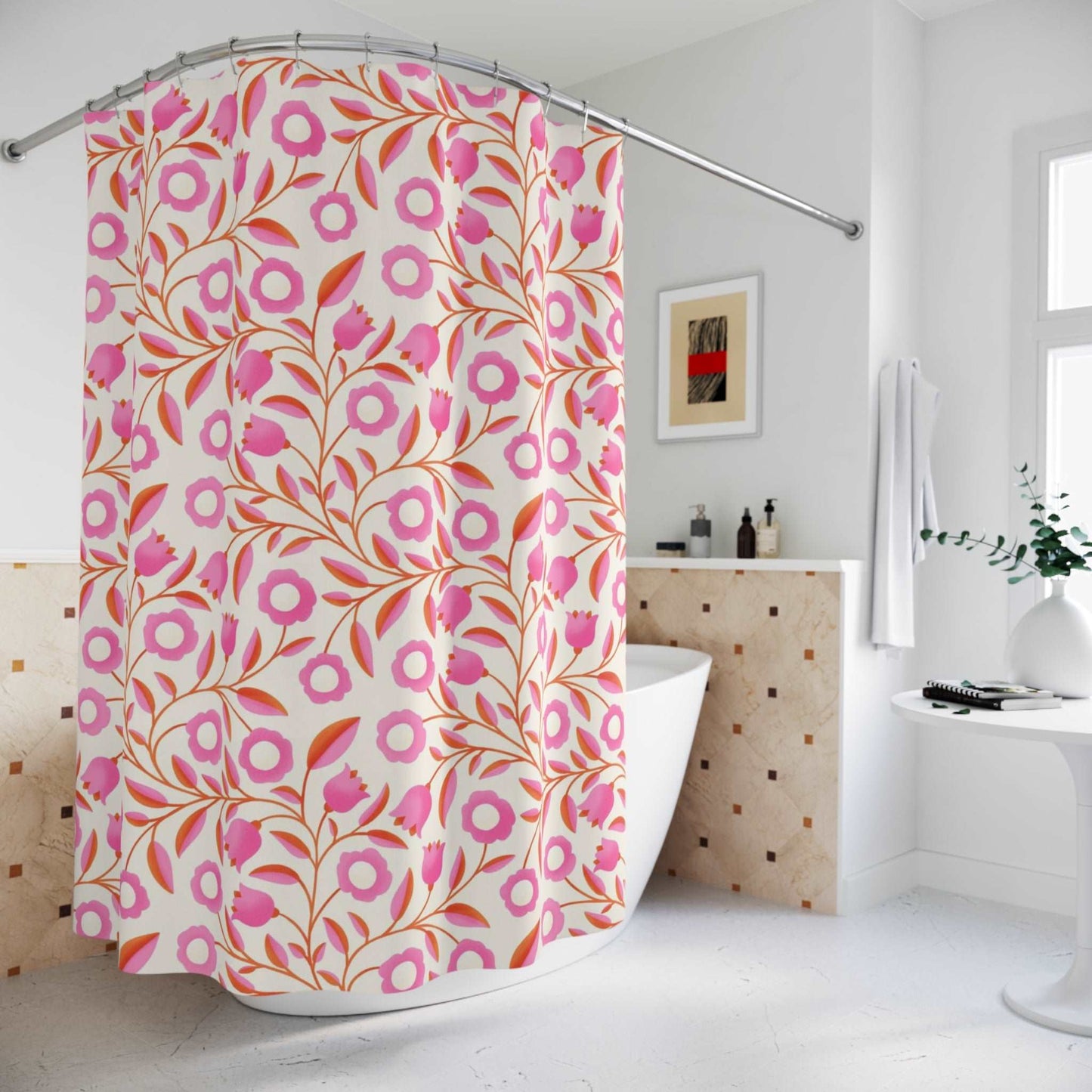 Blush Petals and Cherry Leaves Pattern Shower Curtain