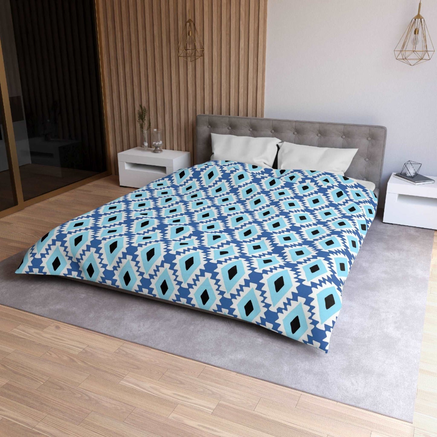 Aztec Style Evil Eye Duvet Cover - Bohemian Blue and Black Tribal Bedding