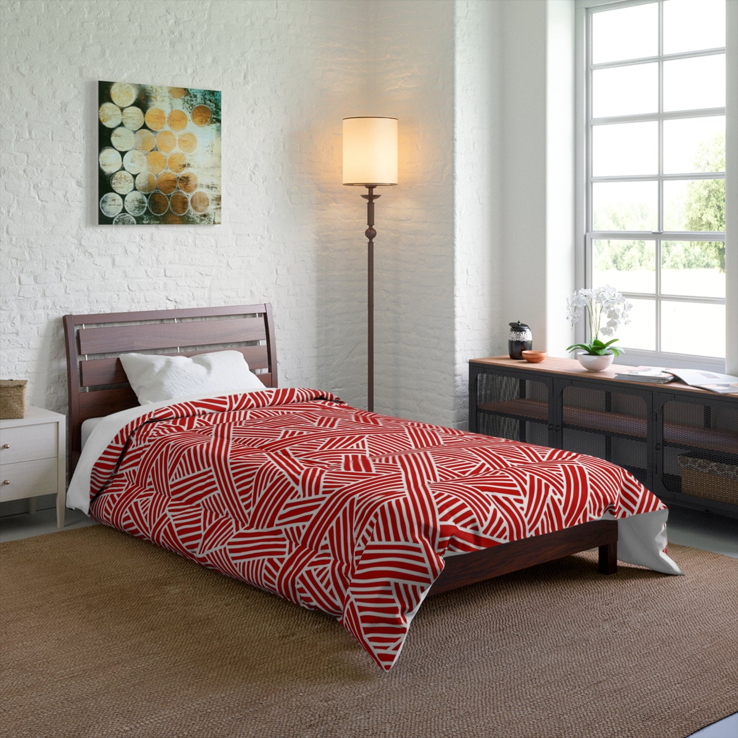 Modern Abstract Navy Red and White Line Pattern Microfiber Polyester Comforter - Geometric Pattern Bedding for Adults