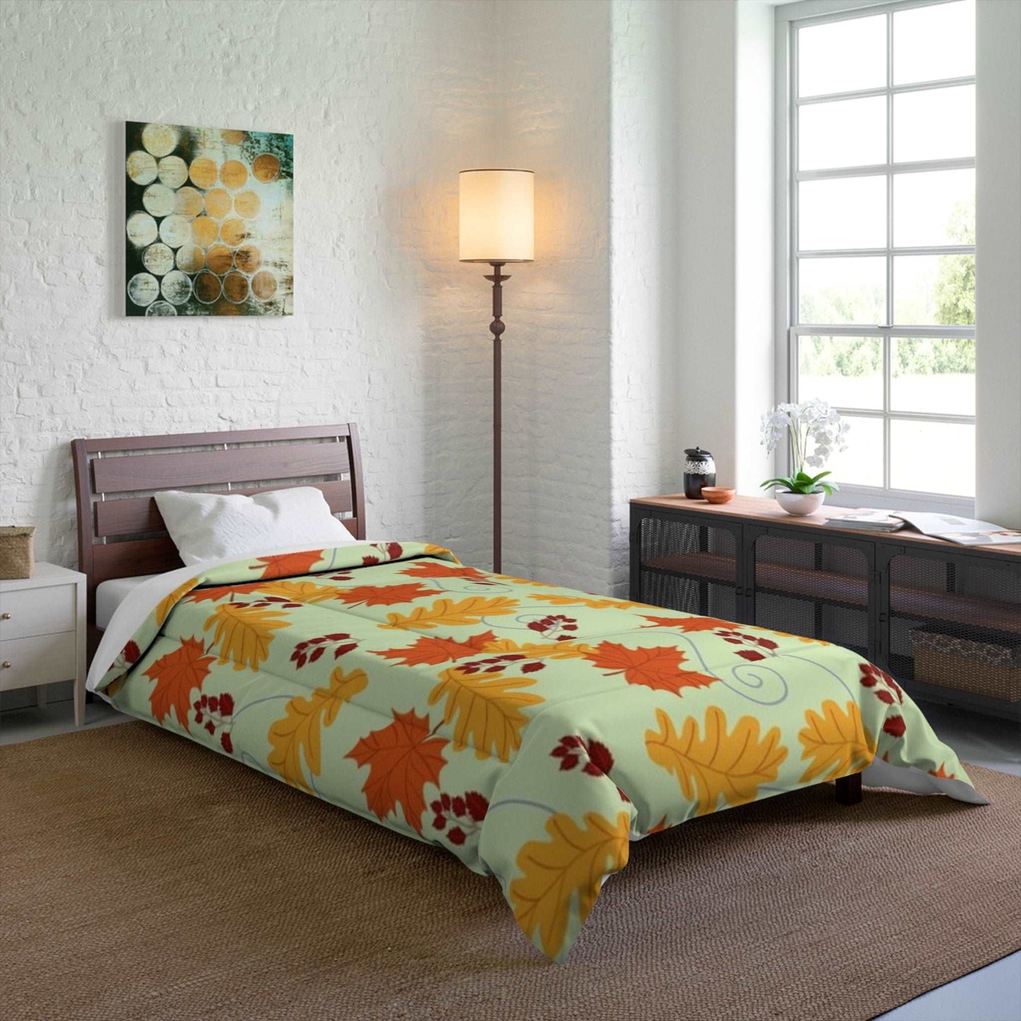 Autumn Leaves in the Wind Green Pattern Comforter - Seasonal Fall Decor Bedding