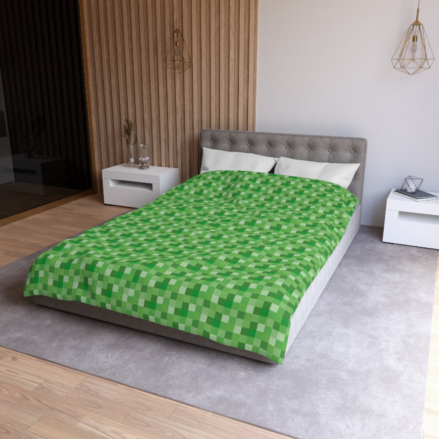 Minecraft Inspired Checkered Green Duvet Cover - Gaming Bedroom Decor, Block Pattern Bedding