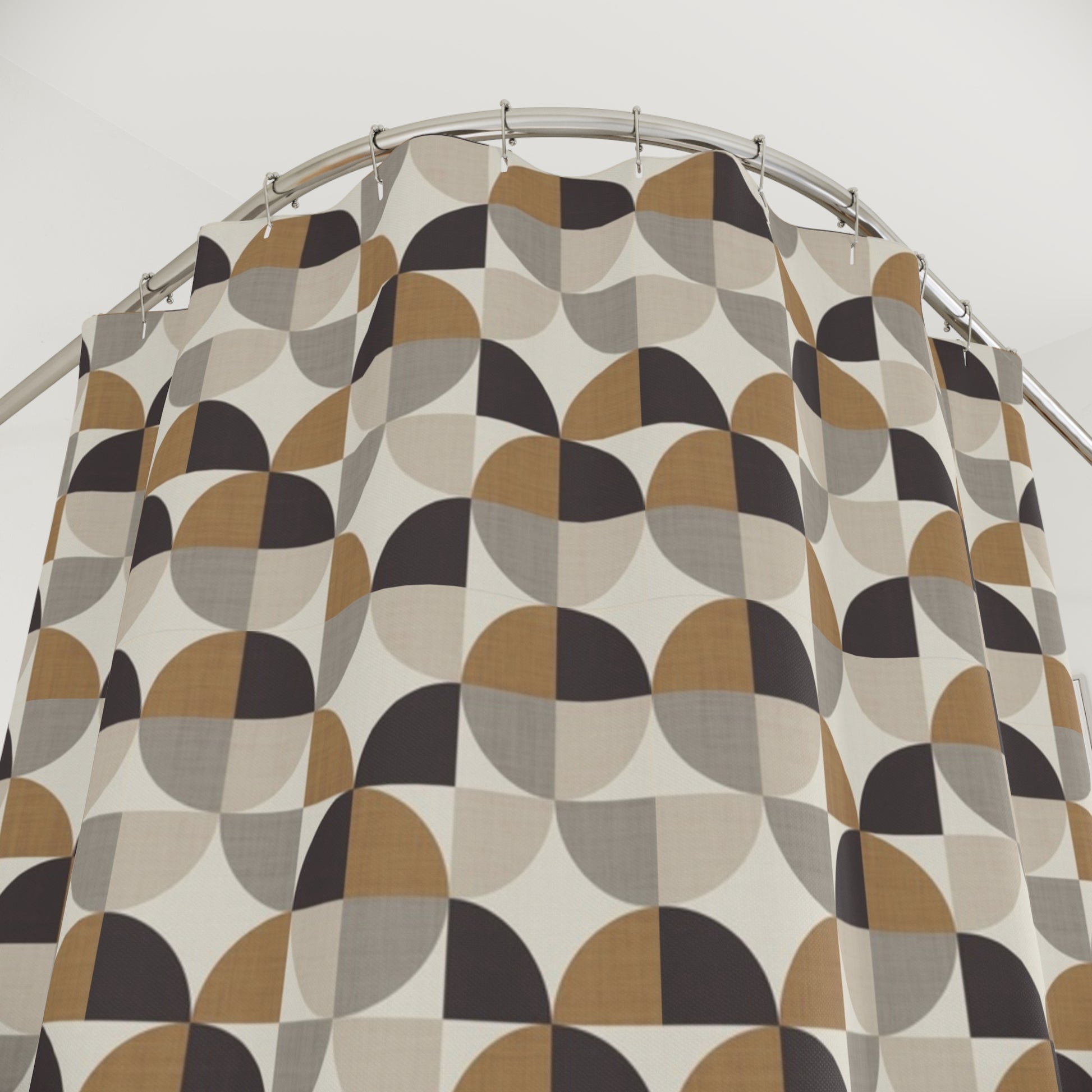 Midcentury Modern Geometric Design Shower Curtain - Dark Truffle Brown Retro Bathroom Accessories