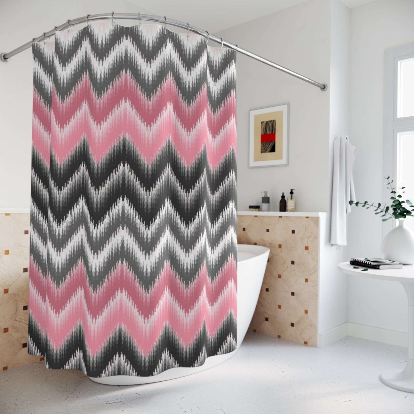 Blush Pink and Black Modern Ikat Chevron Pattern Shower Curtain - Waterproof and Mildew-Resistant Bathroom Decor