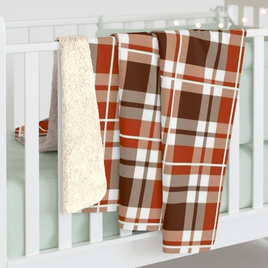 Thanksgiving Fall Plaid Big Scale Sherpa Fleece Blanket - Soft Orange Brown Throw