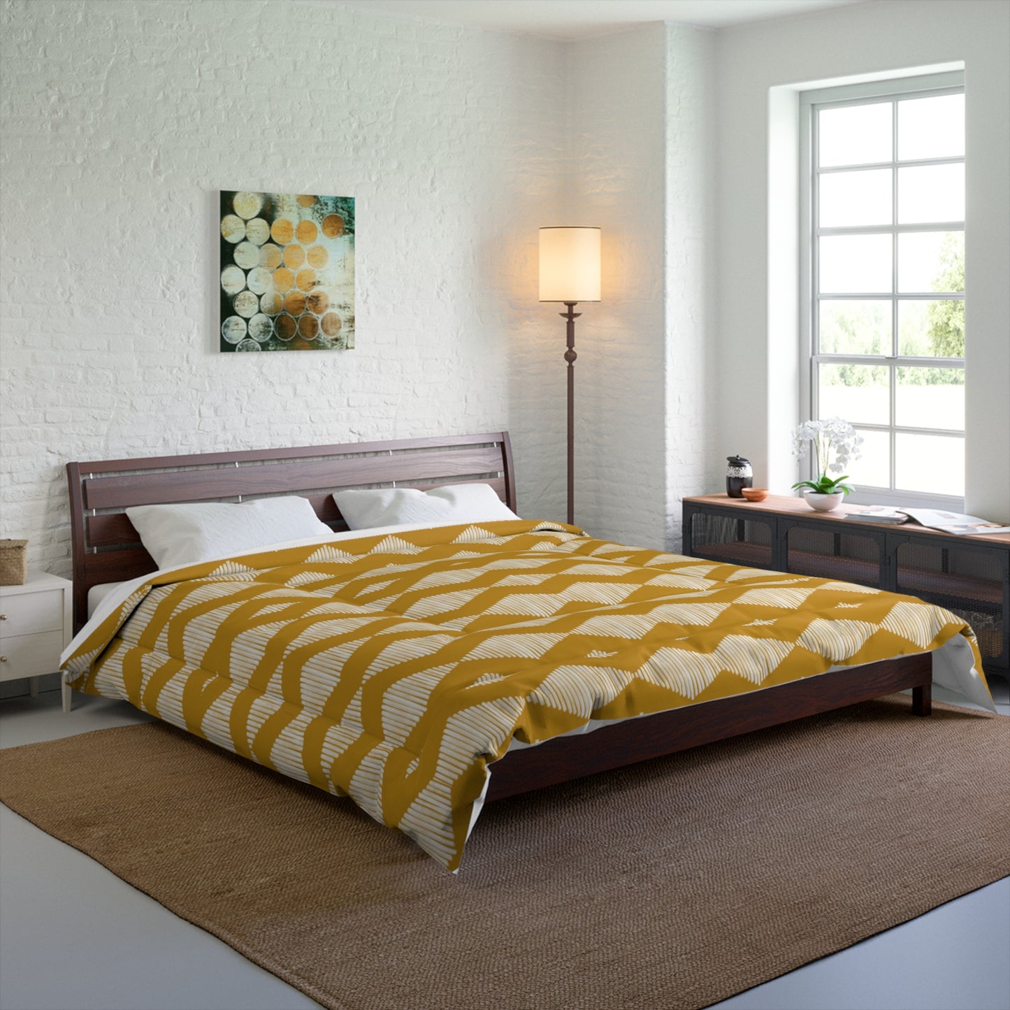 Modern Acoustic Wave Mustard Pattern Microfiber Polyester Comforter - Geometric Pattern Bedding for Adults