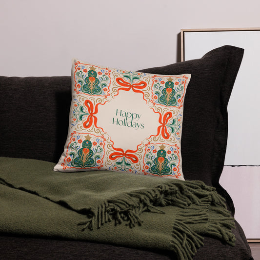 Folk Art Inspired Festive Holiday Bows and Christmas Tree Throw Pillow