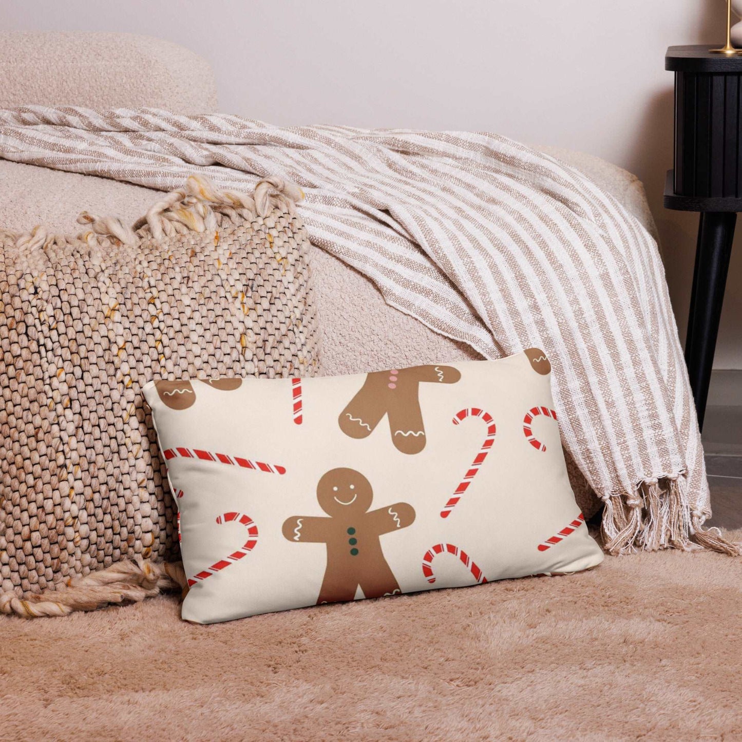 Christmas Pattern Throw Pillow with Gingerbread Man and Candy Cane