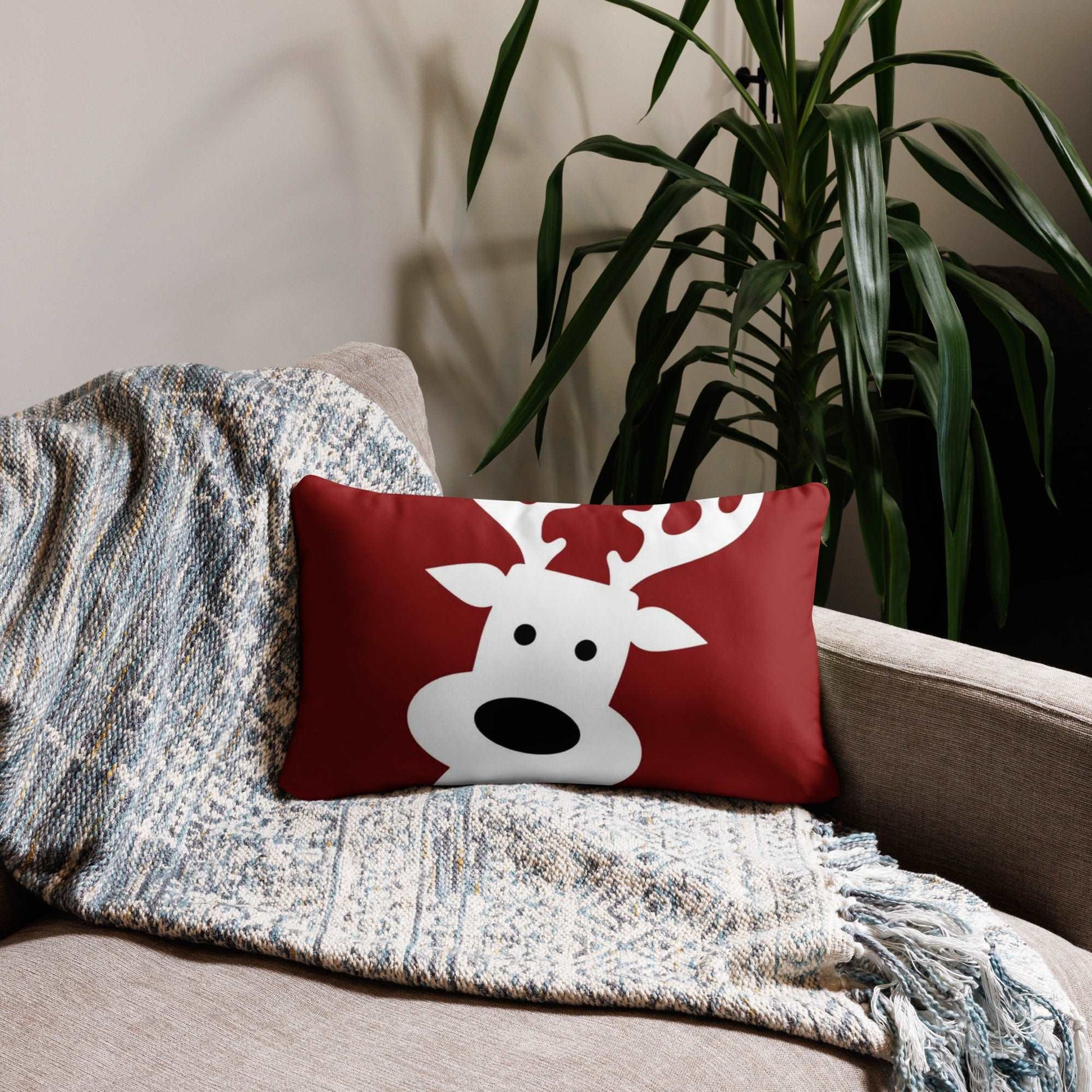 Christmas Reindeer Throw Pillow on Red Background