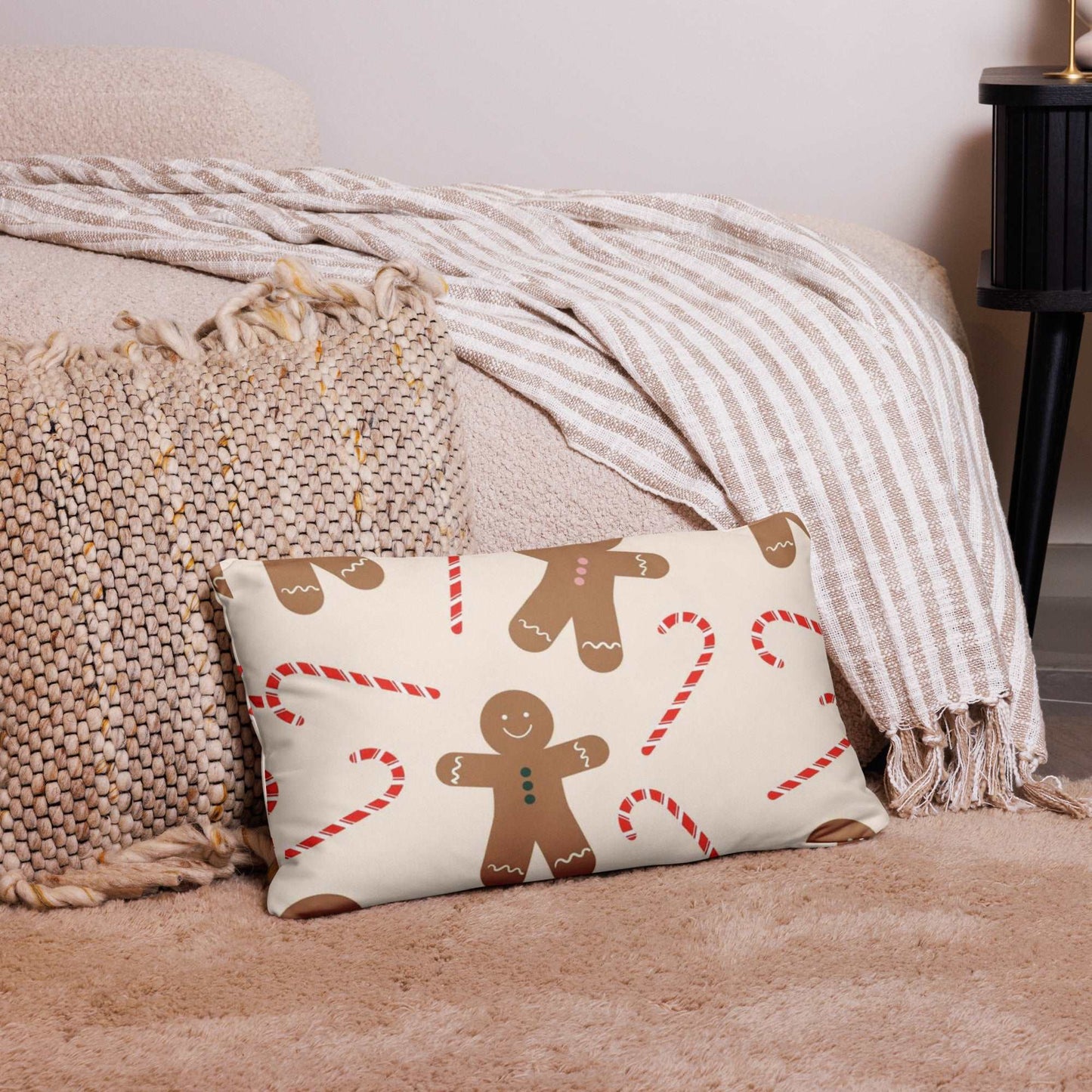 Christmas Pattern Throw Pillow with Gingerbread Man and Candy Cane