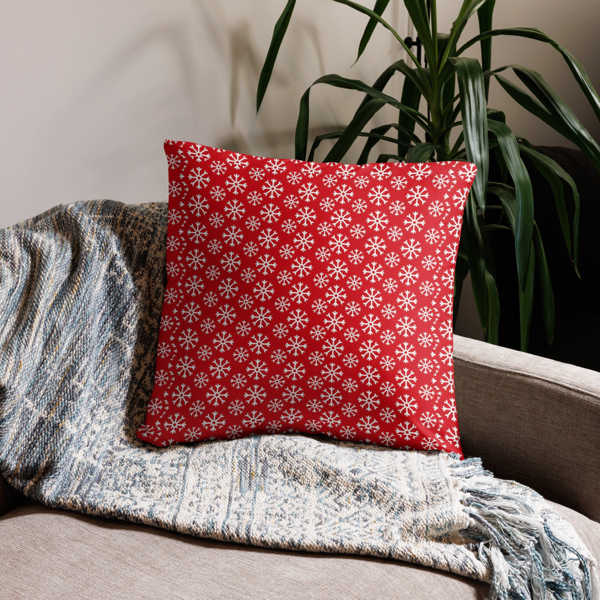 Snowflakes Pattern Christmas Throw Pillow in Red and White